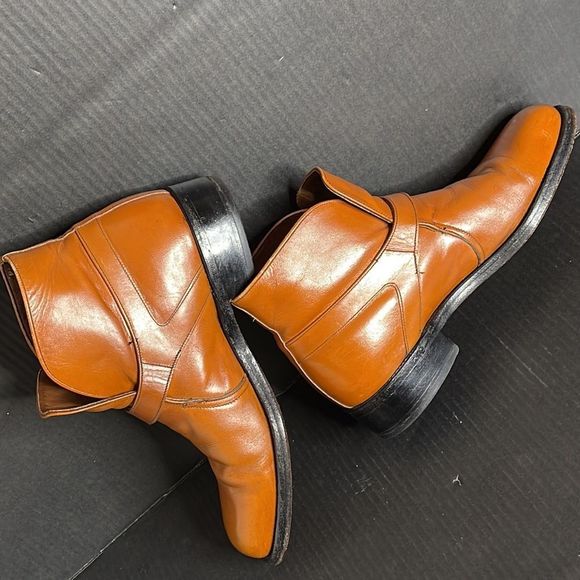 Men’s Vintage Slip on Cognac Orange Leather Boots - Picture 11 of 16